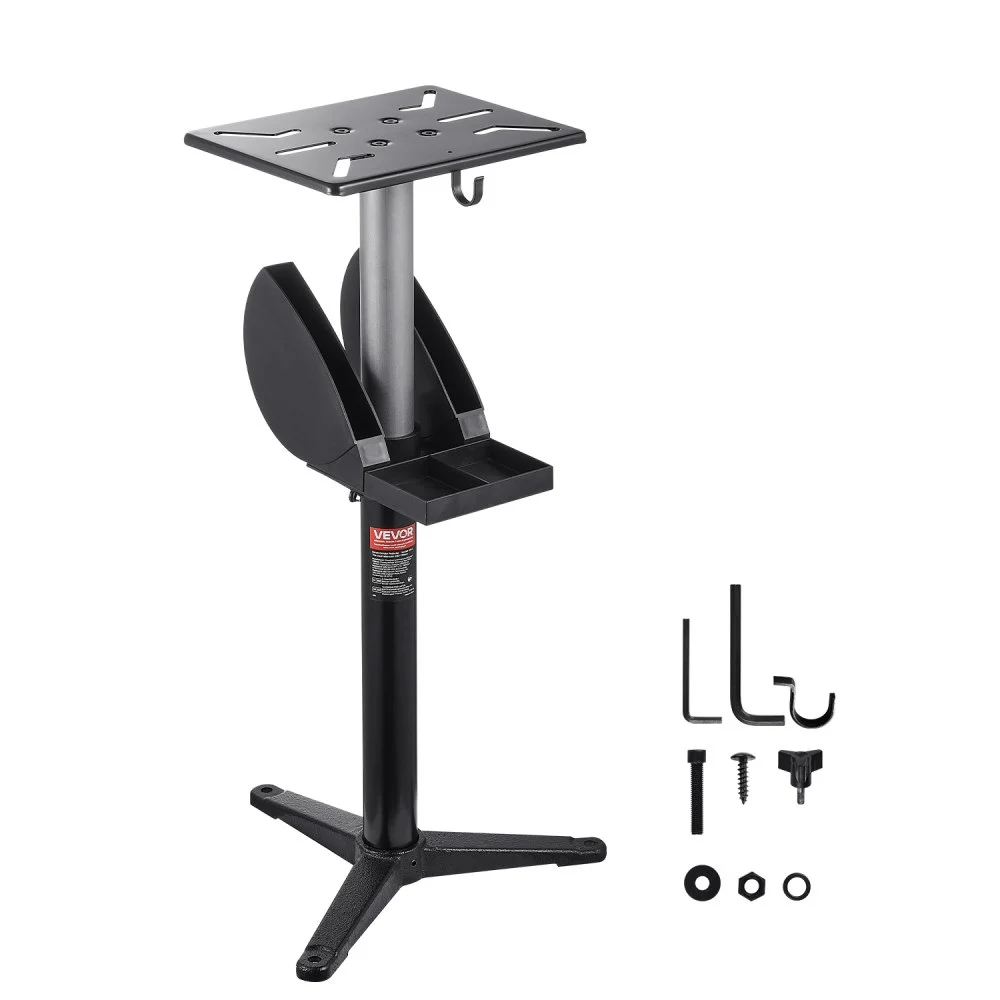 VEVOR Bench Grinder Stand, Bench Grinder Vise Floor Pedestal with 12" x 10" Mounting Plate, 5-Level Height Adjustable Pedestal Stand with Grinding Wheel Storage Compartment & Heavy-Duty Cast Iron Base