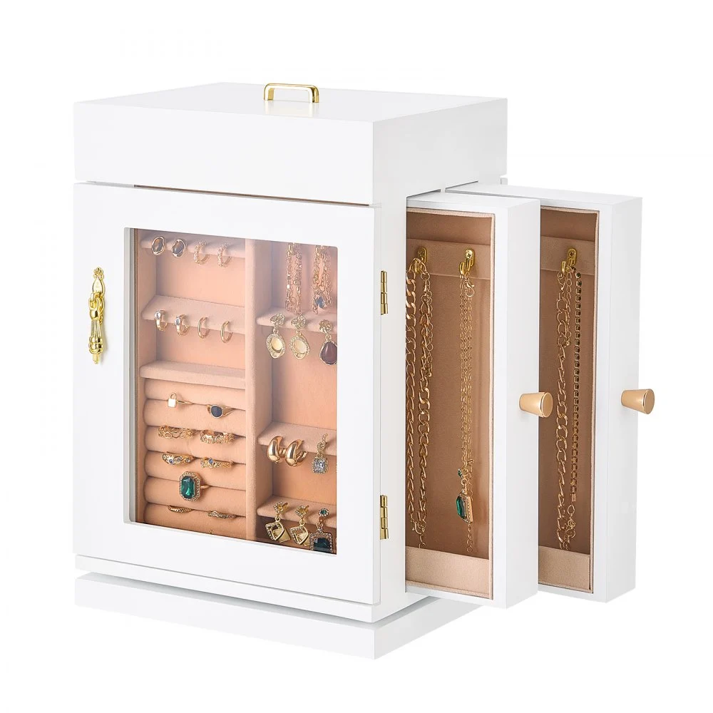 VEVOR Jewelry Box, 360° Rotating Jewelry Organizer with Magnetic Door, Acrylic Window and Built-in 4 Necklace Hooks, Spacious Storage Case with Metal Handles, Bottom Pad and Soft Flannel Lining, White