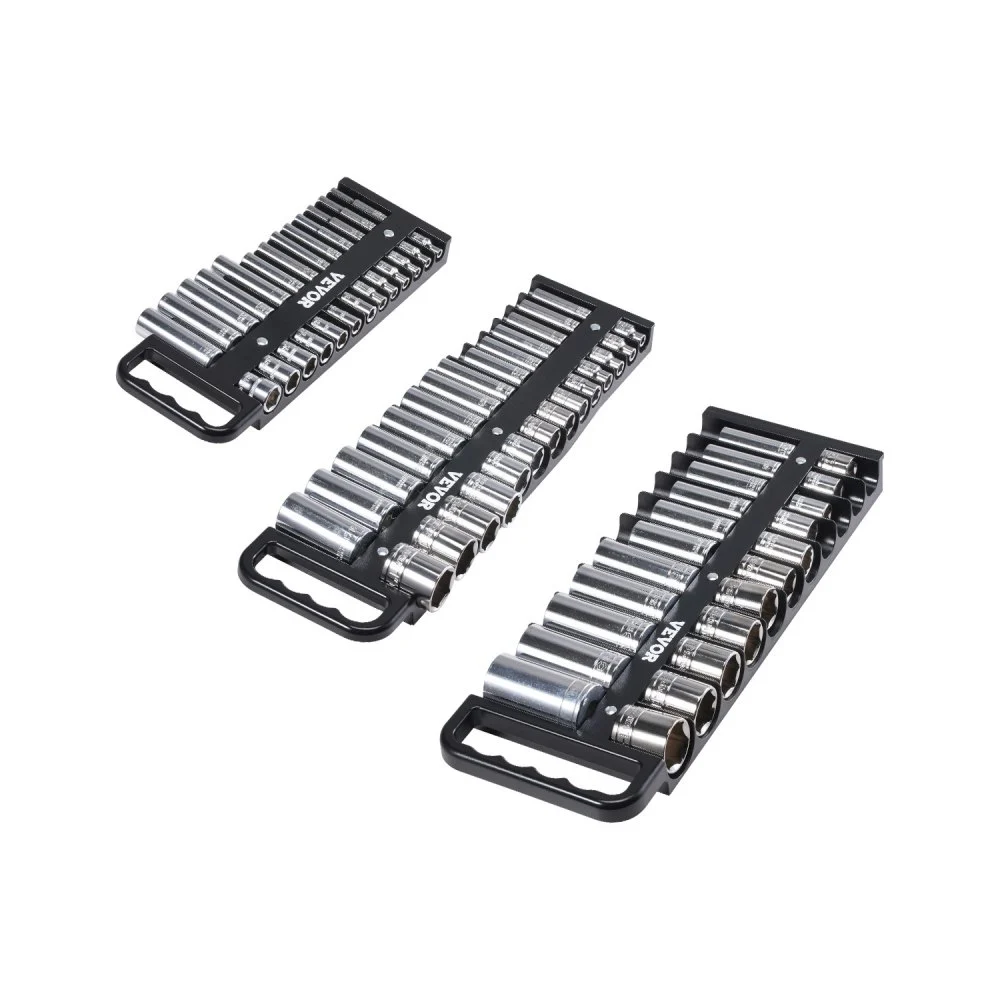 VEVOR Portable Socket Organizer Tray, 3-Piece Metric & SAE Socket Organizer Set, 1/4'', 3/8'' and 1/2'' Heavy-Duty Socket Holder with Handle & Magnetic Base for Tool Box Drawer, Hold up to 76 Sockets