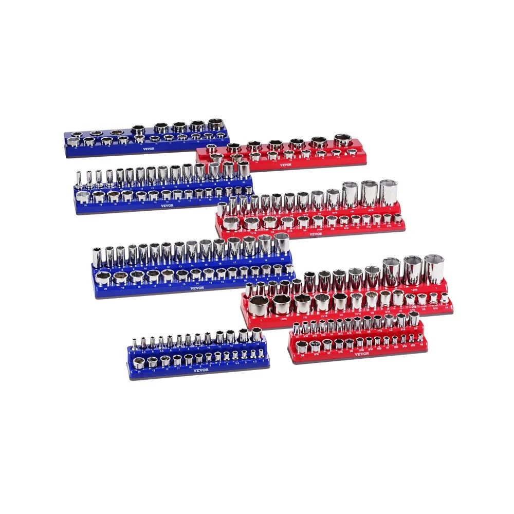 VEVOR Magnetic Socket Organizer Set, 8PCS Socket Holder, 1/4'', 3/8'' & 1/2'' Metric SAE Socket Trays with Clear Labels, Hold up to 199PCS Standard & Deep Sockets, Blaue & Red (Sockets Not Included)