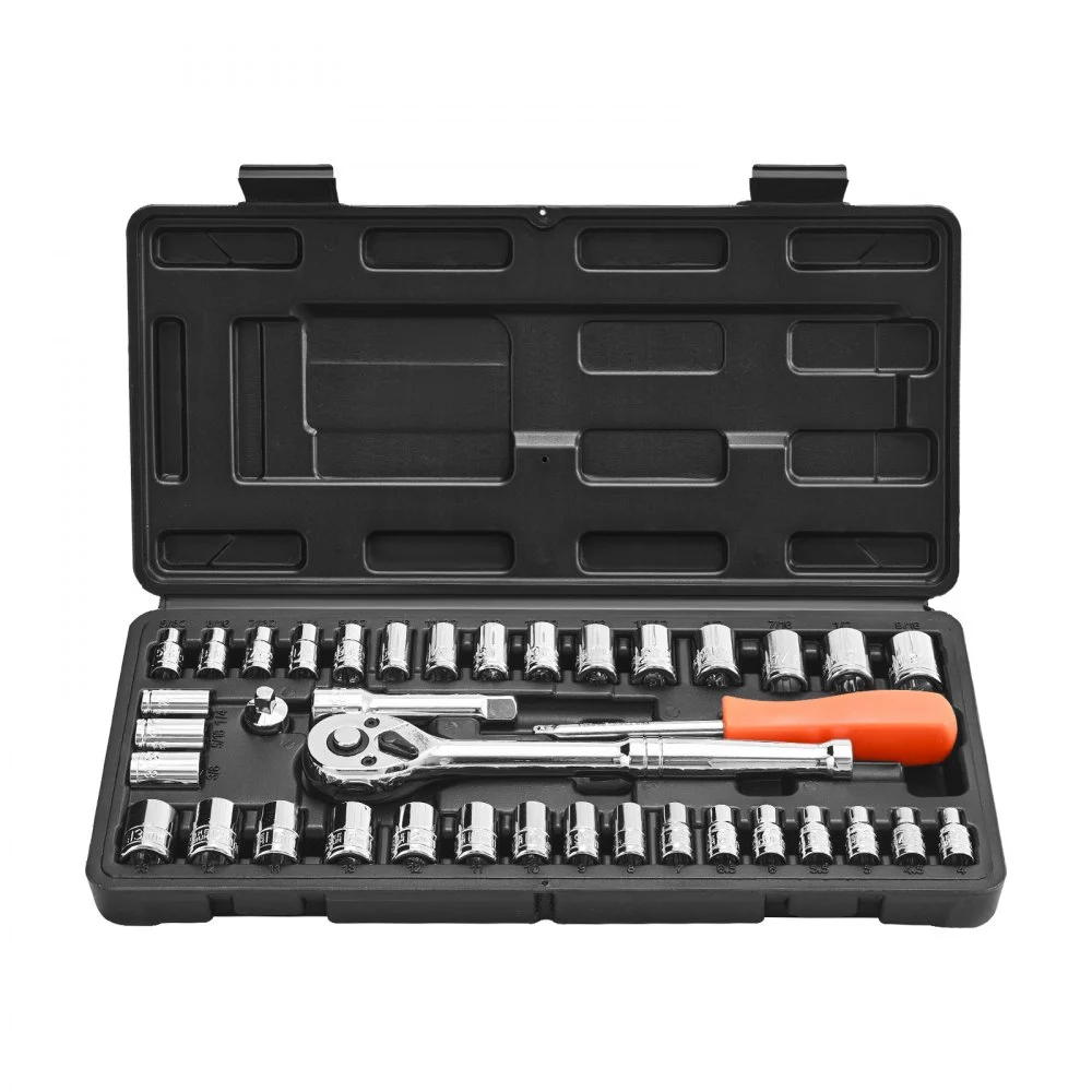 VEVOR Socket Set, 39 Pieces, 3/8 & 1/4 inch Drive Socket and Ratchet Set, SAE and Metric Size, Mechanic Tool Kit with Ratchet Wrench, Accessories, Storage Case, CR-V Alloy Steel, for Automotive Repair