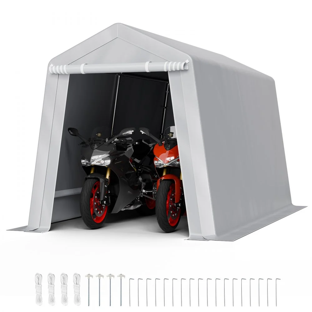 VEVOR Outdoor Storage Shed, 7 x 12 ft Portable Storage Tent with Roll-up Door, Waterproof Canopy Shed Shelter, Heavy Duty Frame, Patio Garage Carport for Motorcycle, Lawn Mower, Bike, Grey