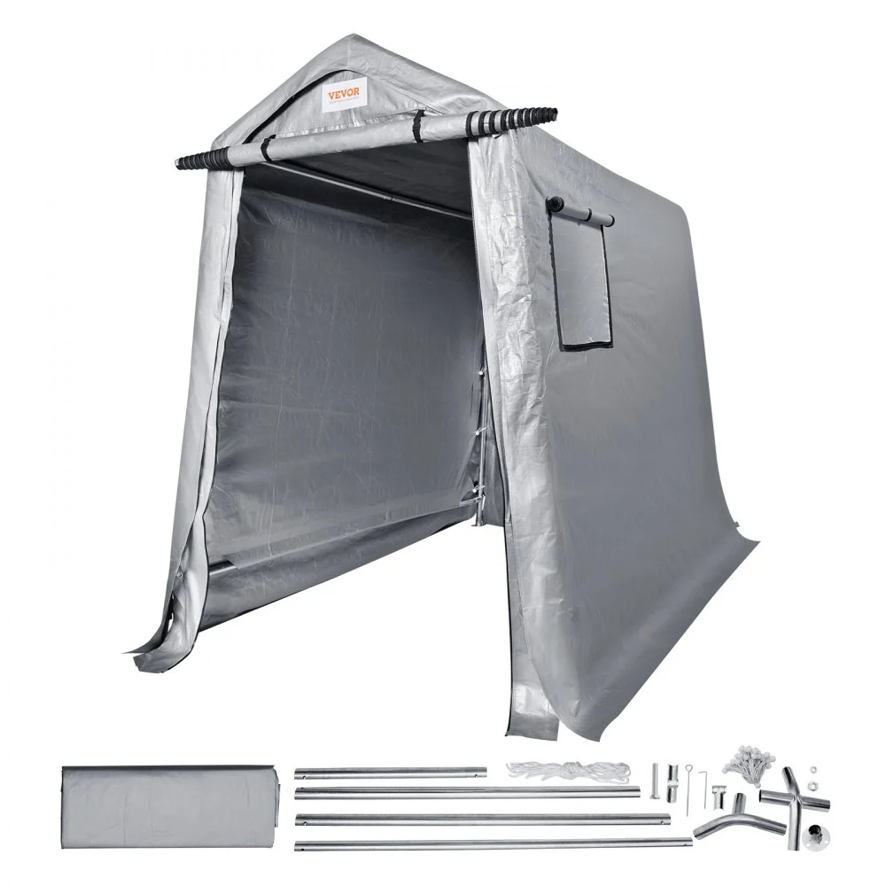 VEVOR Outdoor Storage Shed, 6 x 8 ft Portable Storage Tent with Roll-up Door & Vents, Waterproof Canopy Shed Shelter, Heavy Duty Frame, Patio Garage Carport for Motorcycle, Lawn Mower, Bike, Grey