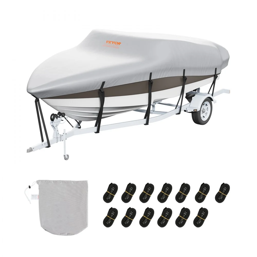 VEVOR Boat Cover, 17'-19' Trailerable Waterproof Boat Cover, 600D Marine Grade PU Oxford, with Motor Cover and Buckle Straps, for V-Hull, Tri-Hull, Runabout, Bass Boat, Fish Ski Boat, Grey