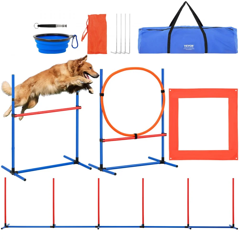 VEVOR Dog Agility Training Equipment, 4 PCS Set with Adjustable High Hurdles,6 Weave Poles,Jump Ring,Square Pause Box,Whistle,Foldable Bowl, Puppy Obstacle Course Kit for Backyard, Indoor, Outdoor