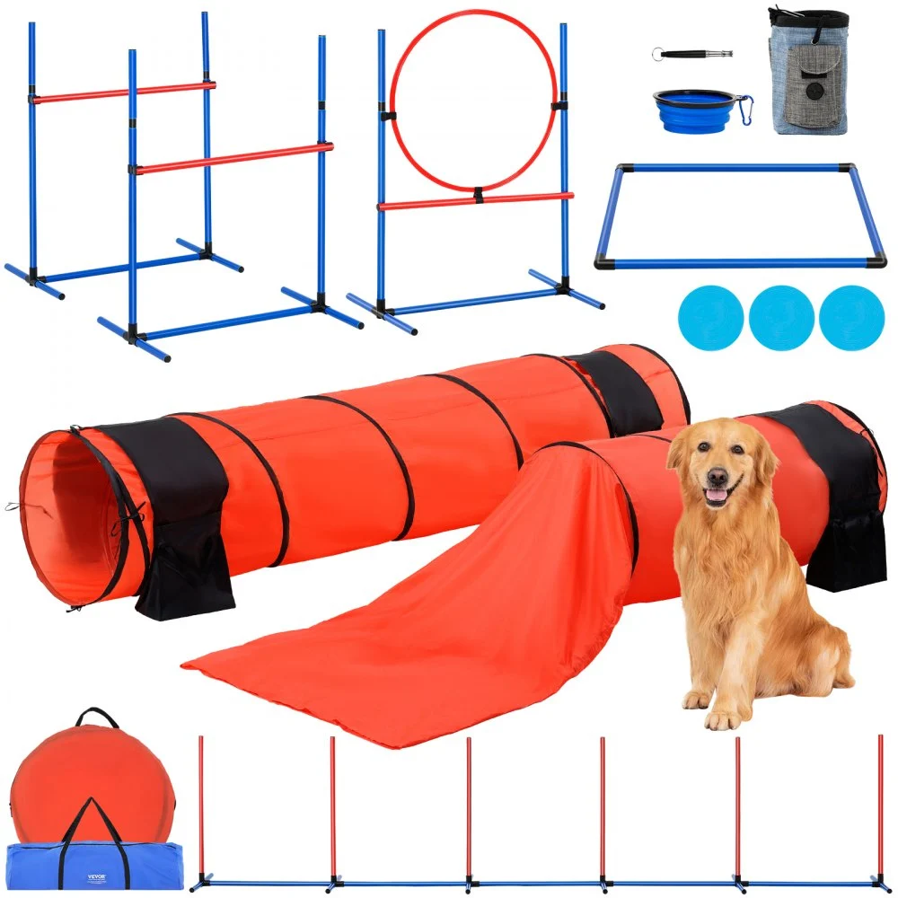 VEVOR Dog Agility Training Equipment, 7 PCS Set Upgrade w/ Adjustable High Hurdles,6 Weave Poles,2 Tunnels,Jump Ring,Pause Box,Whistle,Foldable Bowl,Puppy Obstacle Course Kit w/ 3 Bags