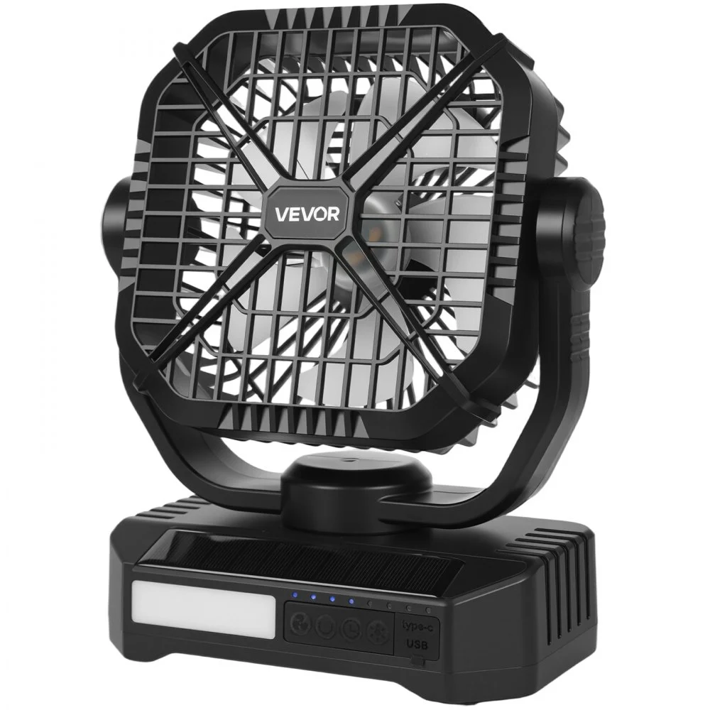 VEVOR 10400mAh Solar fan, Camping Fan with Solar Panel & LED Lantern, 7W 8 Inch Portable Rechargeable Battery Powered for Outside, 4-Speed and Quiet Operated for Picnic, Barbecue, Fishing, Travel