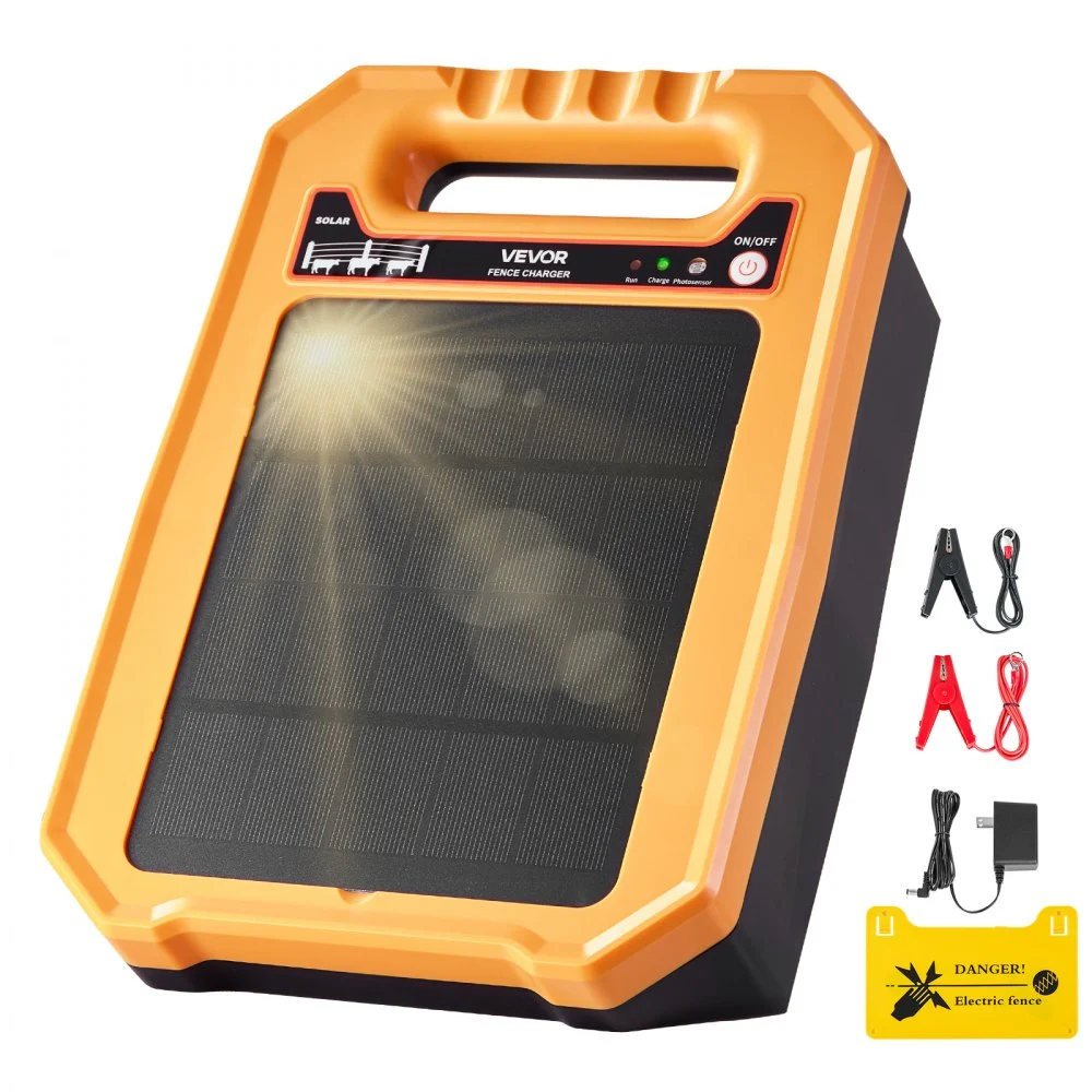 VEVOR Solar Fence Charger,  0.3J 8 kV Solar Powered Fence Charger, 1.86 Miles Range, Weather-Resistant Electric Fence Energizer Kit, 7 Days Runtime, for Livestock, Poultry, Garden Protection