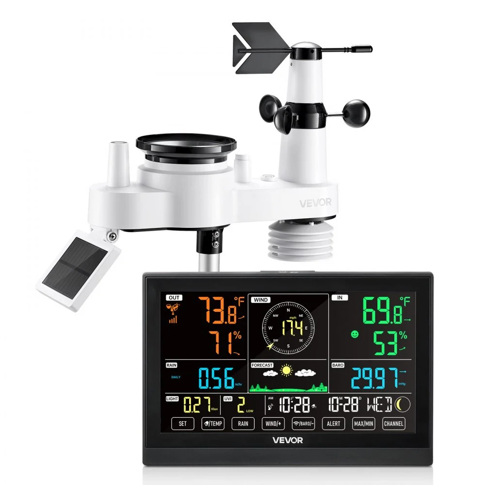VEVOR 7-in-1 Wireless Weather Station, 7.5-Inch VA Display, Solar Powered Outdoor Sensor, Rain Gauge, Indoor Outdoor for Weather Forecast, Temperature, Humidity, Wind Speed and Direction (No WiFi)