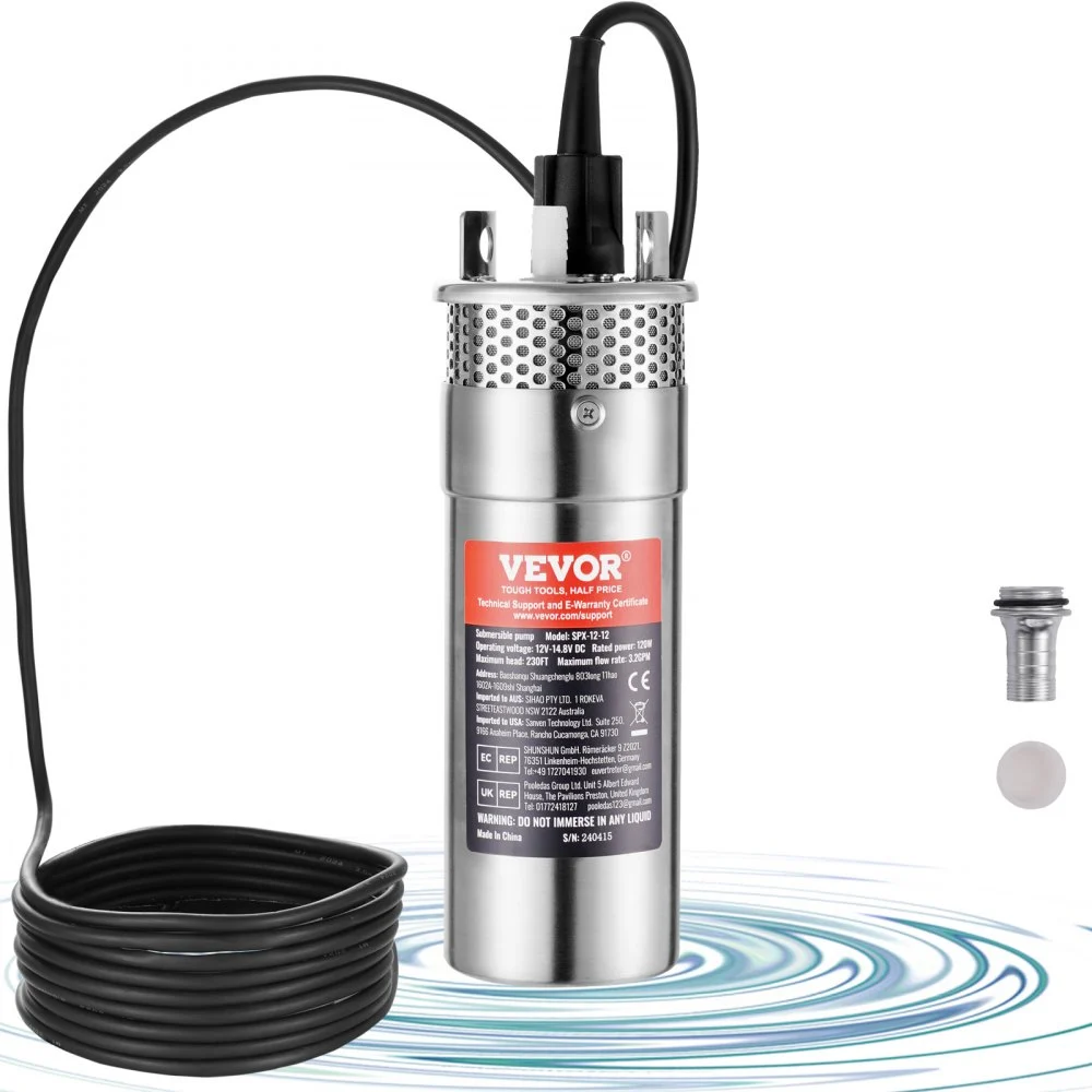 VEVOR Solar Water Pump, 12V DC 120W Submersible Deep Well Pump, Max Flow 3.2 GPM, Max Head 230 ft, Max Submersion 98.4 ft, Solar Powered Water Pump for Well