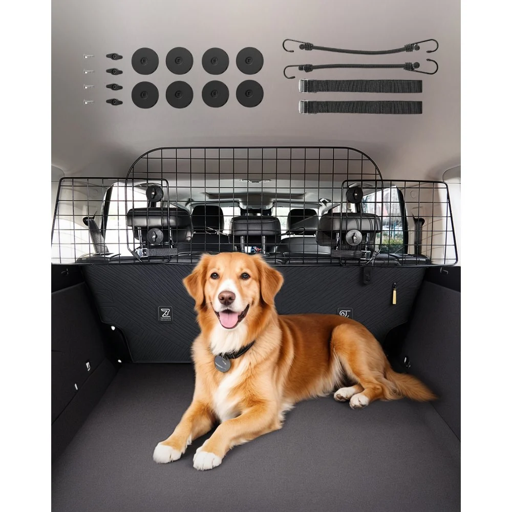 VEVOR Dog Car Barrier, 38"-66.3" Adjustable Car Divider for Trunk Cargo Area, Universal-Fit Back Seat Heavy-Duty Wire Mesh Dogs Separator Guard Net, Vehicle Pet Barrier for Sedans, Trucks and SUVs