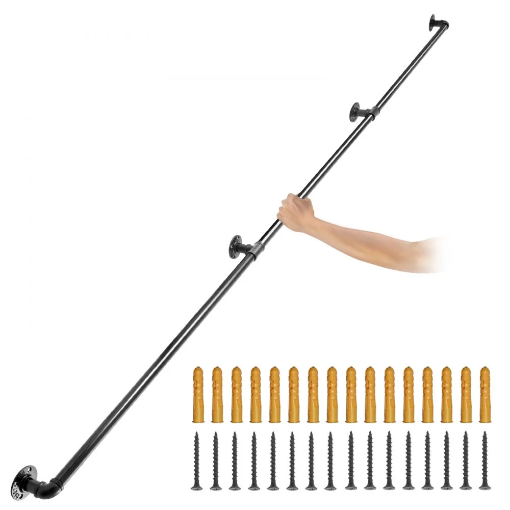 VEVOR Pipe Stair Handrail, 10FT Staircase Handrail, 440LBS Load Capacity Carbon Steel Pipe Handrail, Industrial Pipe Handrail with Wall Mount Support, Round Corner Wall Handrailing for Indoor, Outdoor