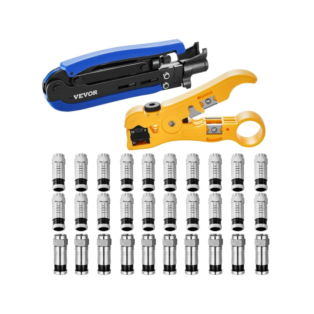 VEVOR Coax Cable Crimper Kit, Coaxial Cable Compression Kit with a Crimping Tool, a Wire Stripper, and 30PCS F-Type RG6 Connector, Compatible with RG6, RG59, RG11 Coax Cable, Lightweight & Portable