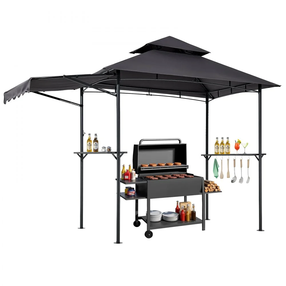 VEVOR Grill Gazebo, 8 x 5 ft Double-Tiered Top, BBQ Gazebo with Extra Awning, Powder-Coated Steel Patio Grill Shelter with 2 Side Shelves, Bottle Opener & Hooks, Outdoor Grilling Canopy for Garden