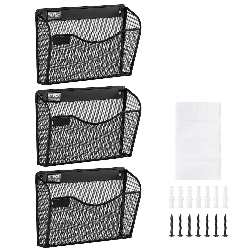 VEVOR File Wall Rack, Three-Piece 1 Pocket Mesh Wall File Holder, Wall Mounted Magazine Mail Paper & Document Storage Folder, Metal Wall File Organizer with Nametag Label, for Office Home & School