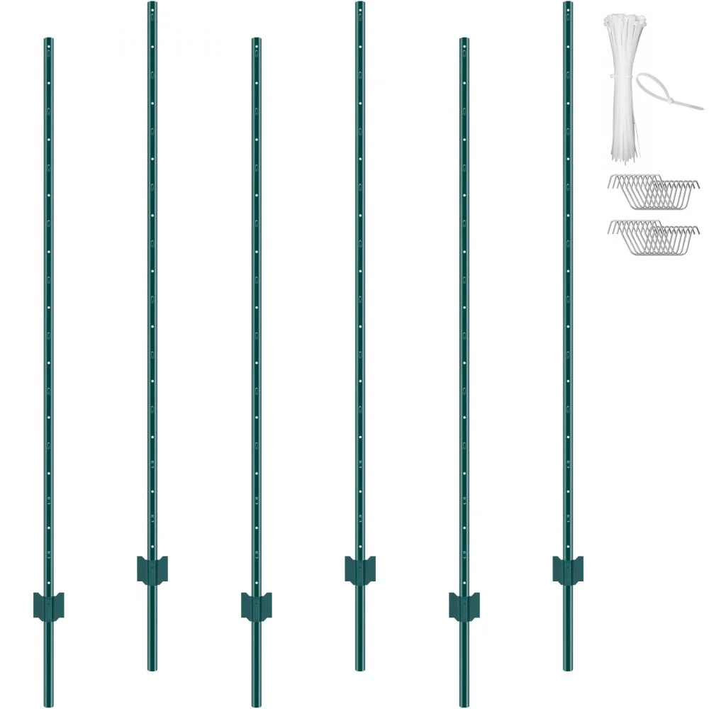 VEVOR 6 Feet Fence Post, 6 Pack U-Channel Heavy Duty Metal Fence Posts, Sturdy Steel Fence Stakes for Garden Yard, Lawn, Farms and Outdoor Wire Fencing, Green