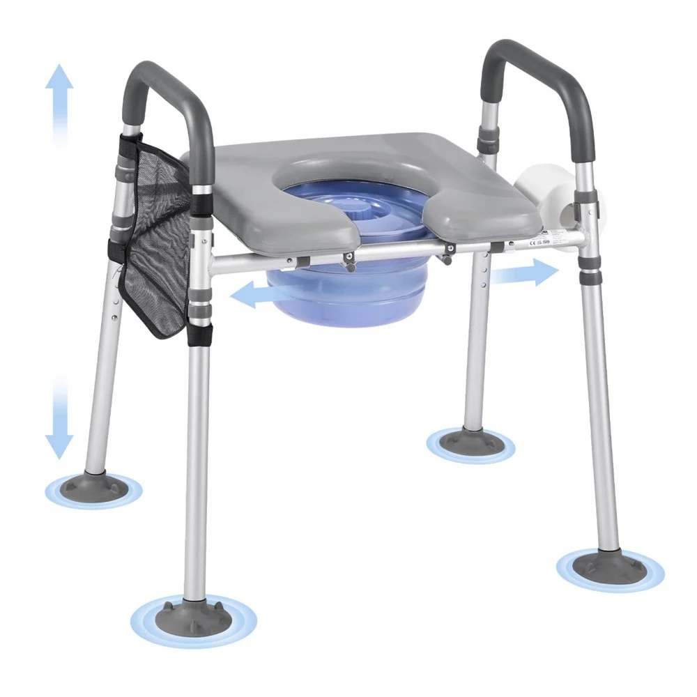 VEVOR Bedside Commode Chair, 500 lbs Capacity, 4-in-1 Portable Toilet and Raised Toilet Seat with Padded Seat & Armrest, Detachable 5L Bucket, Adjustable Height & Width Adult Potty Chair for Seniors