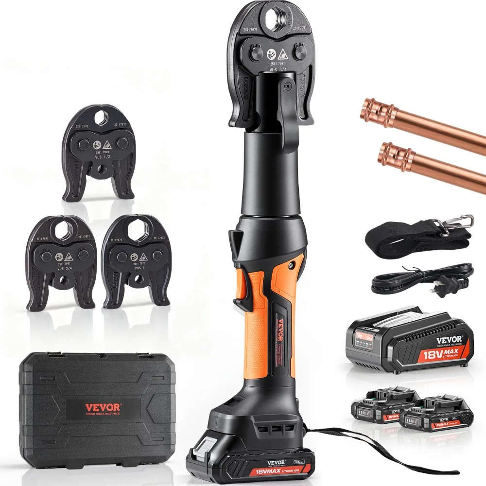 Summer Sale
VEVOR Press Tool, 18V Electric Pipe Crimping Tool for 1/2", 3/4", 1" Copper Pipes, 24KN Press Tool Kit Compatible with ProPress - with 3 Press Jaws, 2pcs 18V 2AH Battery, Fast Charger & Carrying Case