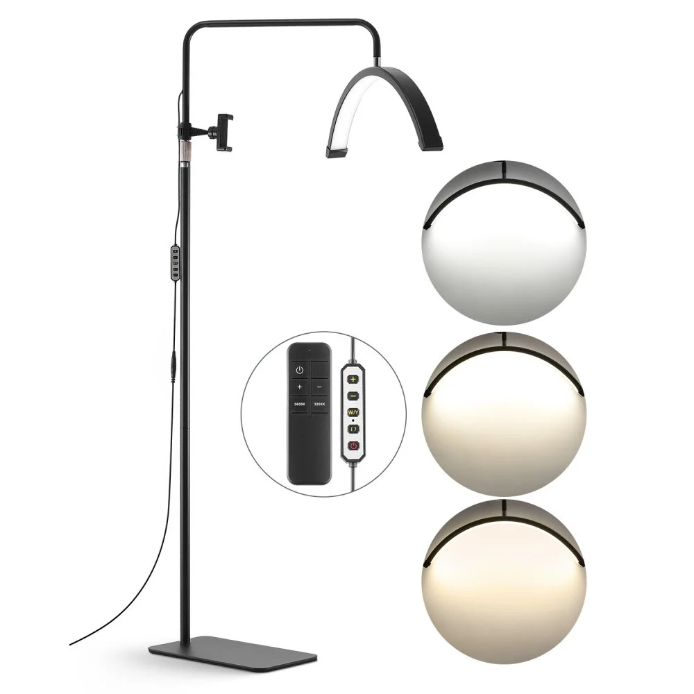 VEVOR Half Moon Light for Esthetician, 23 inch Dimmable LED Floor Lamp Lash Light for Eyelash Extensions, Arched Eyelash Lamp with Phone Holder, Remote Control, for Beauty, Skincare, Eyebrows, Tattoo