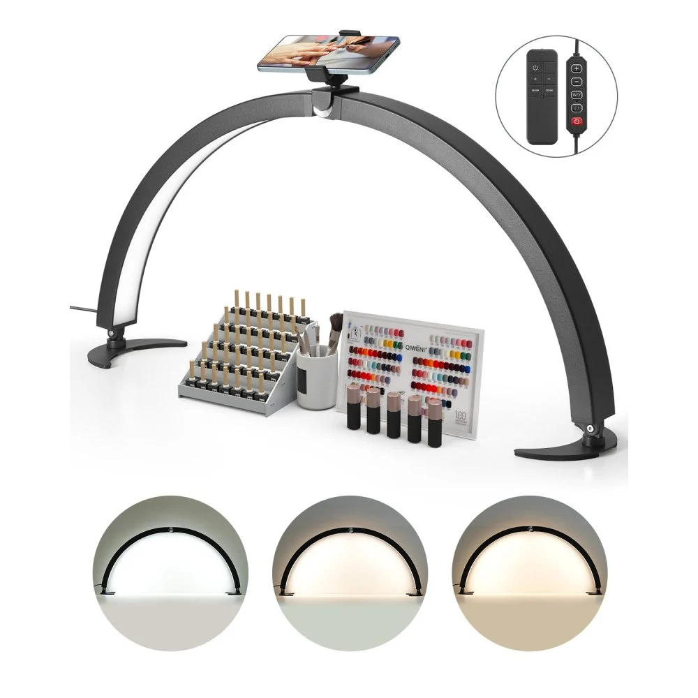 VEVOR Nail Desk Light, 40 W Half Moon Desk Lamp with Phone Holder, Adjustable Brightness and Color Temperature, Arched LED Table Light for Nail Tech, Tattoo Artists, Beauty, Eyelash Extensions