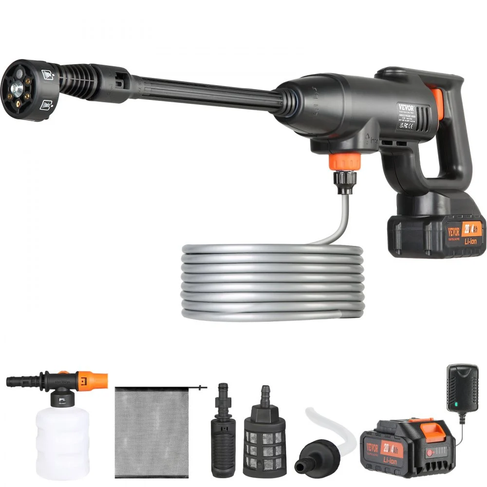 VEVOR Cordless Pressure Washer, 580-PSI 1.1 GPM Portable Power Cleaner, Handheld High-Pressure Car Washer Gun with 4.0Ah Battery, Charger, 6-in-1 Nozzle, for Home/Floor Cleaning & Watering