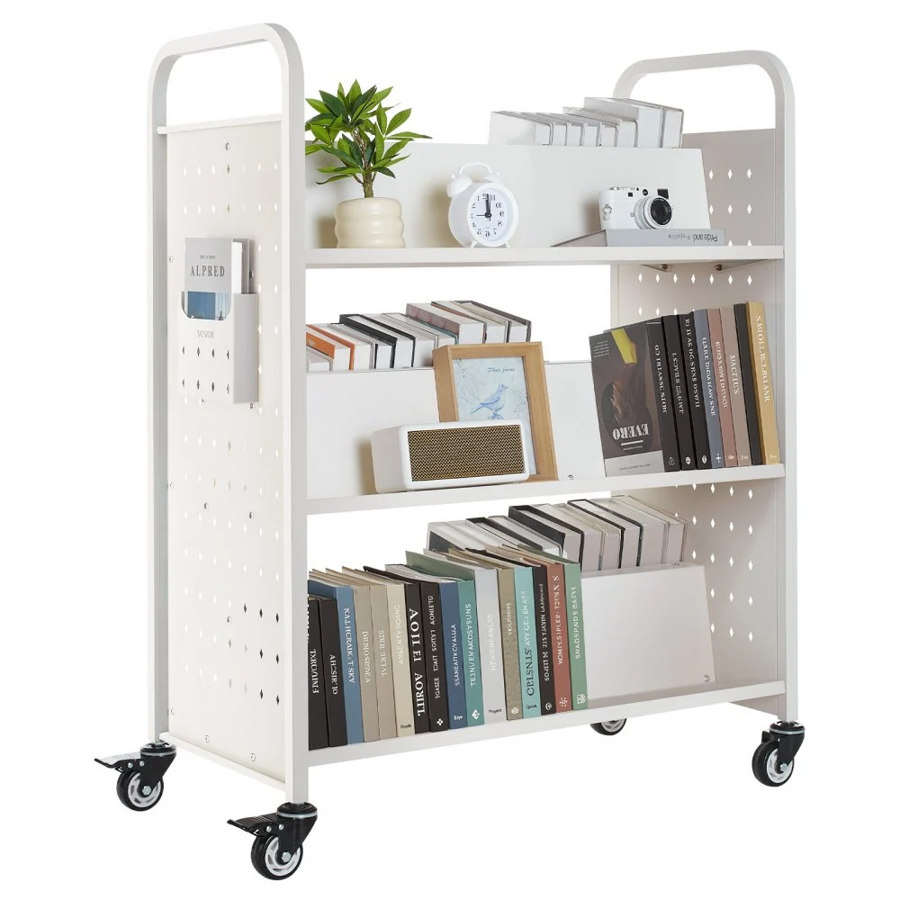 Summer Sale
VEVOR Rolling Library Book Cart, 330 lbs Capacity, 38.2 x 20.3 x 48.2-Inch Library Cart, Double Sided W-Shaped Shelves with 3-Inch Lockable Wheels, Book Truck for Home Shelves Office and School, White