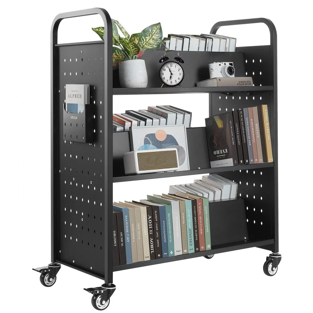 Summer Sale
VEVOR Rolling Library Book Cart, 330 lbs Capacity, 38.2 x 20.3 x 48.2-Inch Library Cart, Double Sided W-Shaped Shelves with 3-Inch Lockable Wheels, Book Truck for Home Shelves Office and School, Black