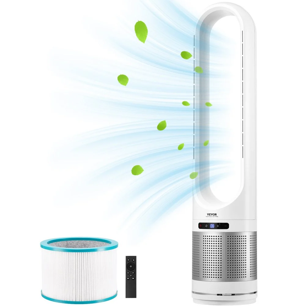 VEVOR Tower Fan Bladeless, 15.4ft/s Velocity Floor Fan that Blows Cold Air, 80° Oscillating 8-Speed Fans, 8H Timer, Standing Fans with H13 HEPA Filtration, Remote Control & Air Purification Mode