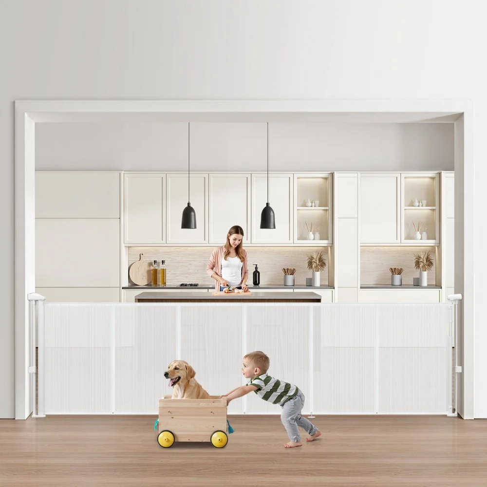 VEVOR Retractable Baby Gate, 34 inch Tall, Extends up to 110 inch Wide, Retractable Gate for Kids or Pets, Mesh Material, Easy to Install for Indoor Stairs, Doorways, Hallways, Playrooms, White