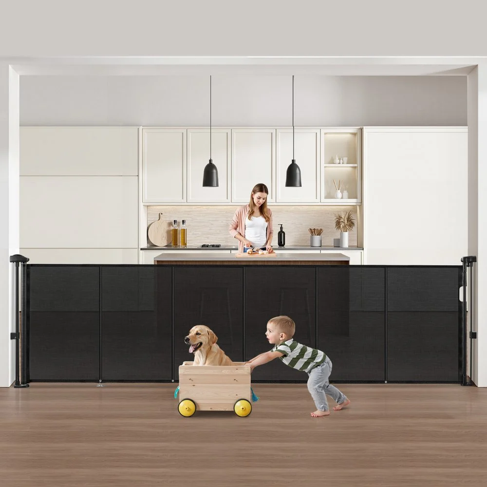 VEVOR Retractable Baby Gate, 34 inch Tall, Extends up to 110 inch Wide, Retractable Gate for Kids or Pets, Mesh Material, Easy to Install for Indoor Stairs, Doorways, Hallways, Playrooms, Black
