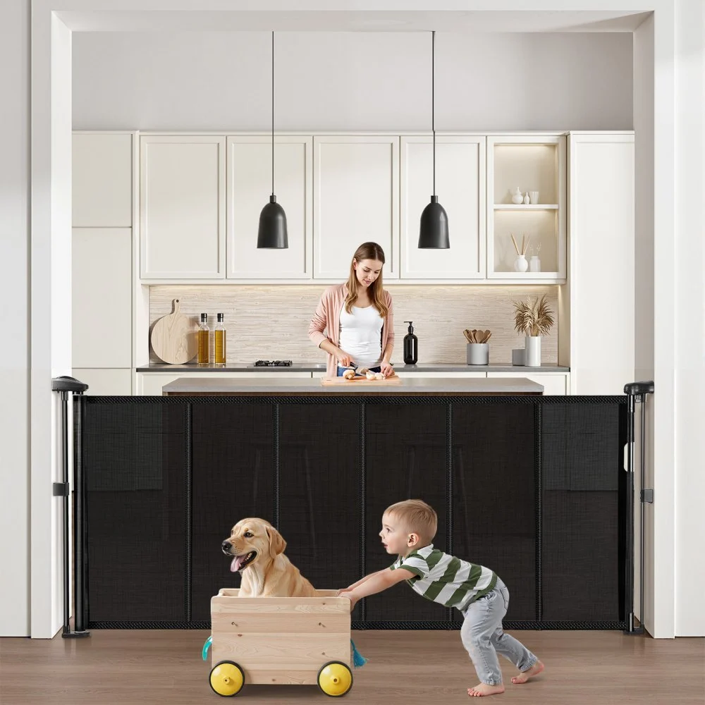 VEVOR Retractable Baby Gate, 34 inch Tall, Extends up to 71 inch Wide, Retractable Gate for Kids or Pets, Mesh Material, Easy to Install for Indoor Stairs, Doorways, Hallways, Playrooms, Black