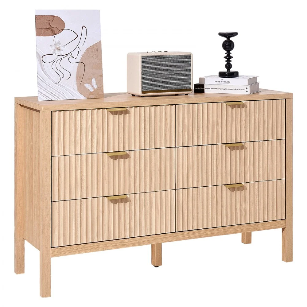 VEVOR 6 Fluted Drawer Dresser, Wooden Chest of Drawers with Sliding & Anti-tip Device, Modern Minimalist Dresser Chest, Closet Storage Organizer for Living Room, Hallway, Entryway, Light Wood