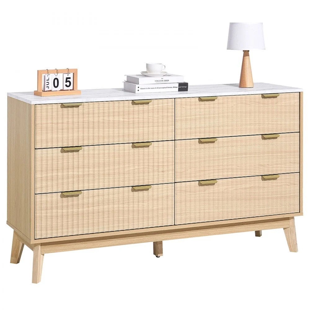 VEVOR 6 Fluted Drawer Dresser, Wooden Chest of Drawers with Sliding & Anti-tip Device, Modern Minimalist Dresser Chest, Fluted Closet Storage for Living Room, Hallway, Bedroom, Entryway, Light Wood