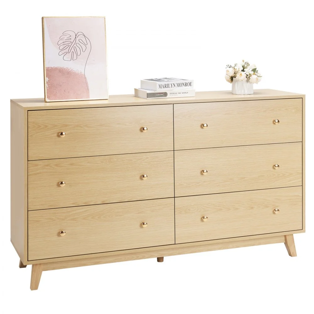 VEVOR 6 Drawer Dresser, Wooden Chest of Drawers with Sliding with Anti-tip Device, Modern Minimalist Dresser Chest, Closet Storage Organizer for Living Room, Hallway, Bedroom, Entryway, Light Wood