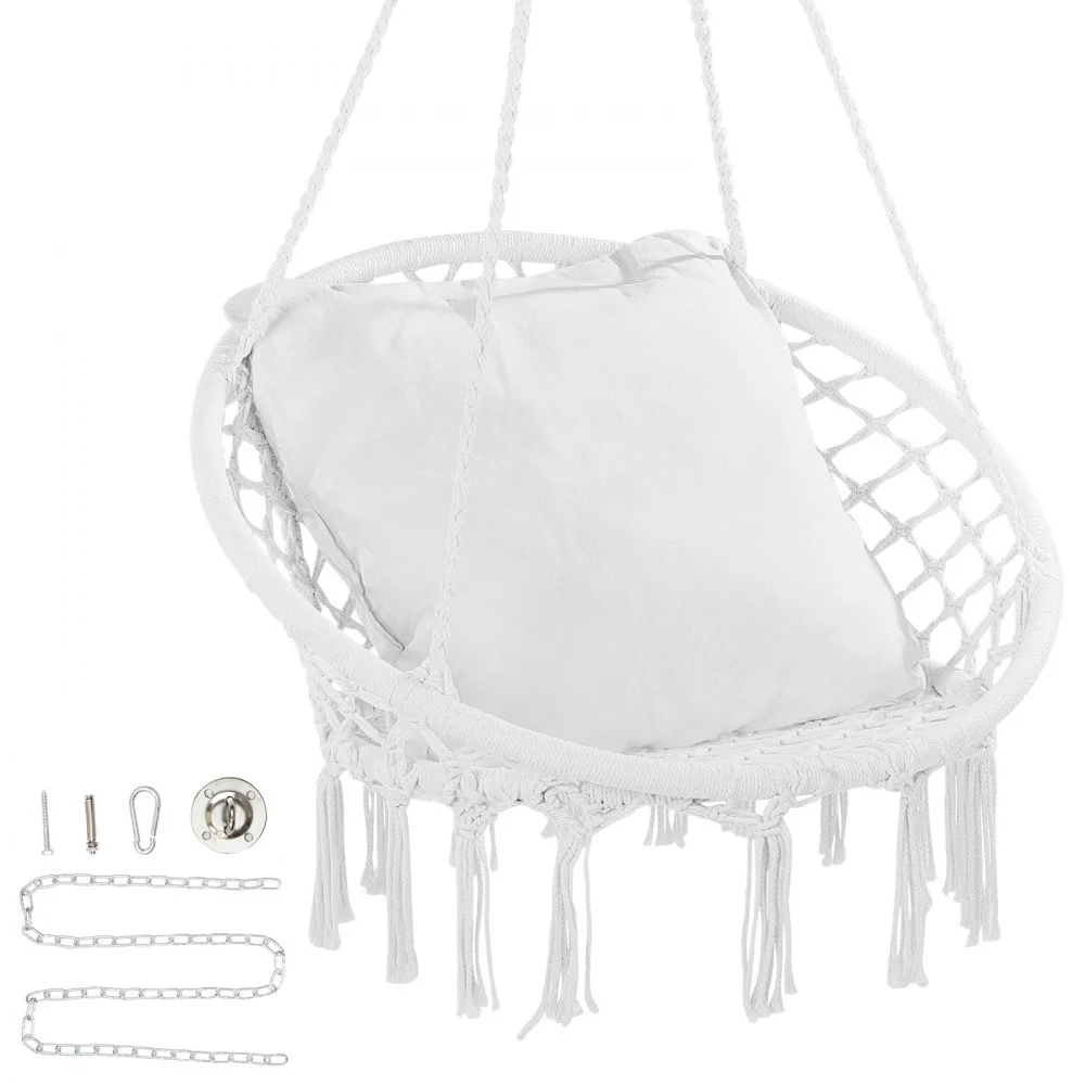 VEVOR Hanging Hammock Swing Chair, 330 lbs Capacity, Macramé Hanging Chair with Cushion and Mounting Hardware, Cotton Rope Swing Chair for Bedroom, Balcony, Patio, Garden, White