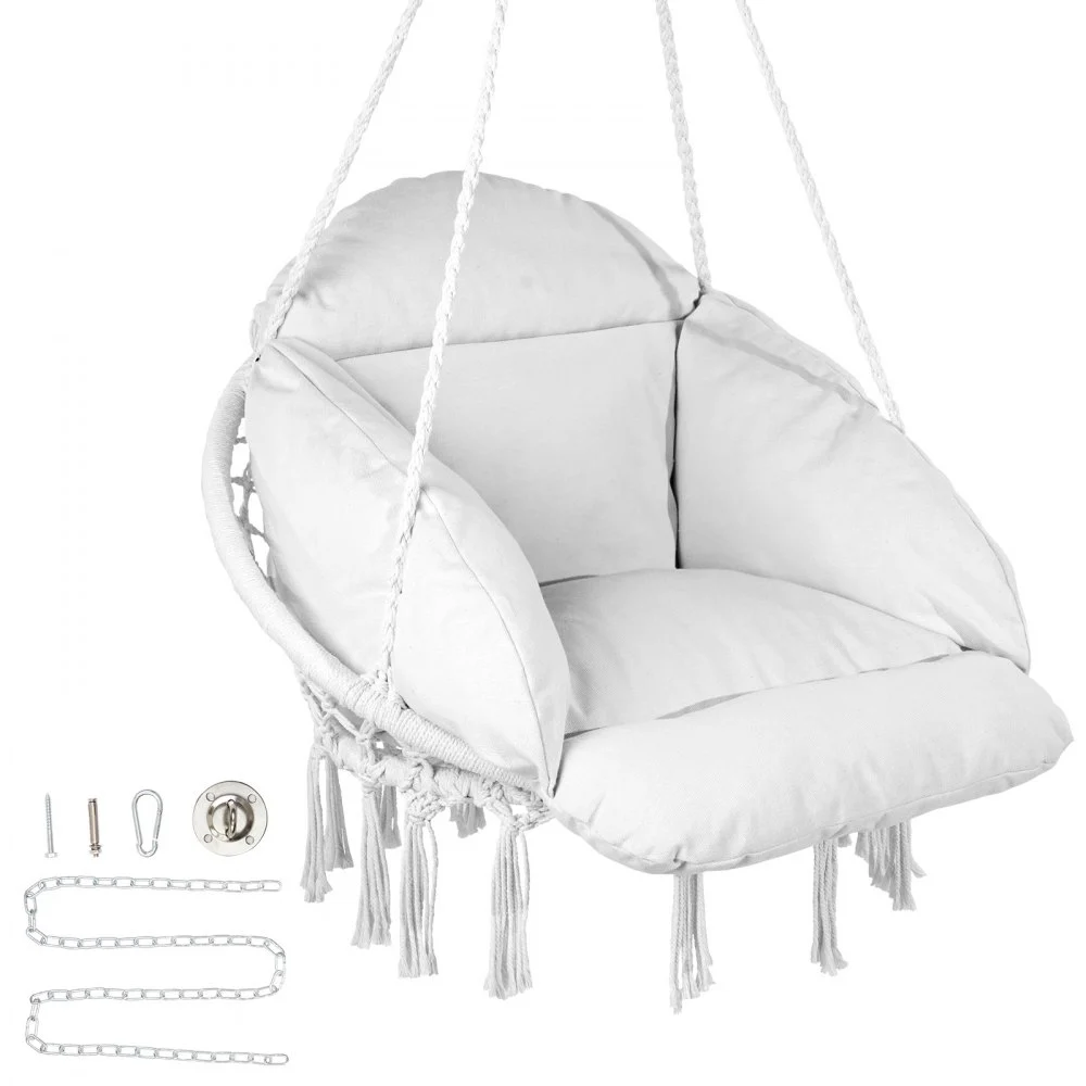 VEVOR Hanging Hammock Swing Chair, Macramé Hanging Chair with Cushion and Mounting Hardware, Cotton Rope Swing Chair for Bedroom, Balcony, Patio, Garden, 264 lbs Capacity, White