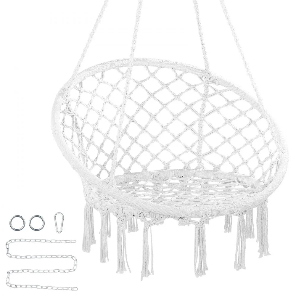 VEVOR Hanging Hammock Swing Chair, 330 Lbs Capacity, Macramé Hanging Chair with Mounting Hardware, Cotton Rope Swing Chair for Bedroom, Balcony, Patio, Garden, White