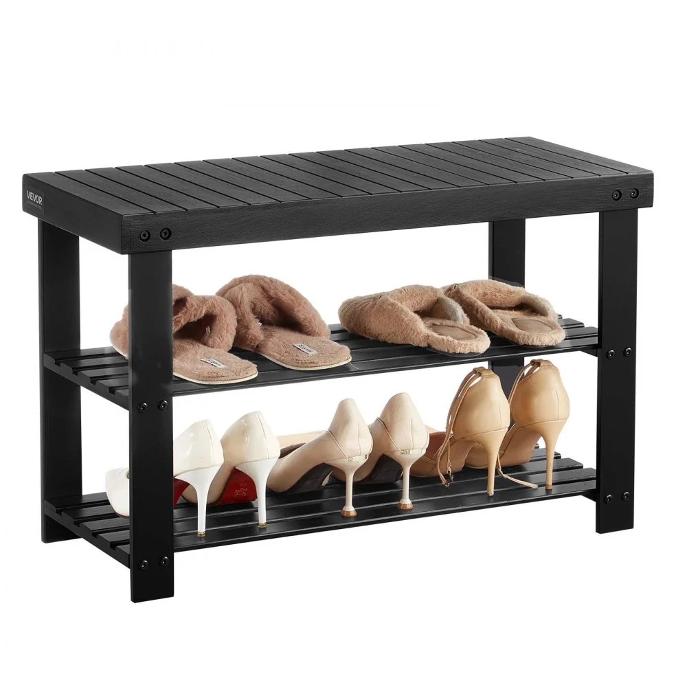 VEVOR Shoe Rack Bench, 3-Tier Bamboo Entryway Bench, Shoe Storage Organizer Holds Up to 286 lbs, 27.6 x 11.3 x 17.8 Inches, for Front Door, Hallway, Living Room, Bedroom, Black