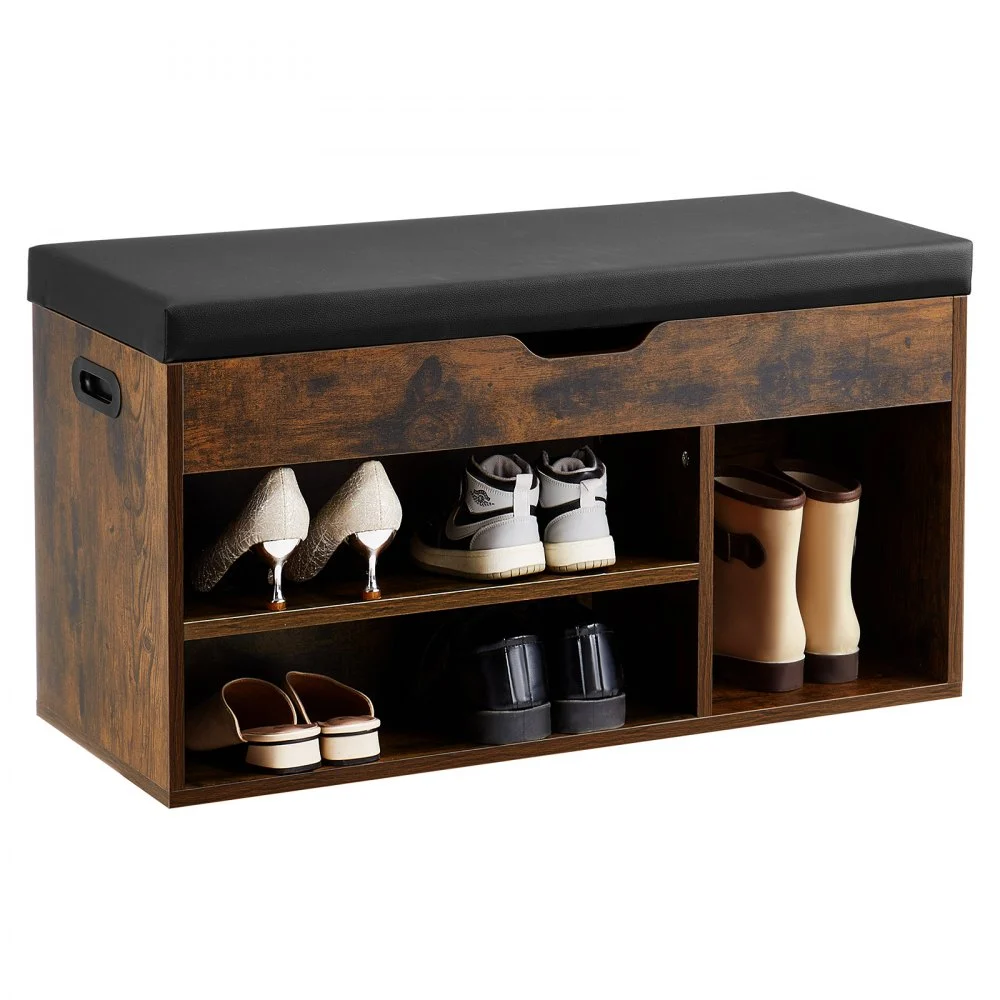 VEVOR Entryway Shoe Bench, 31.7 x 12.0 x 17.5 Inch Shoe Storage Organizer with Lift Top Storage Space, 300lbs Bench with Cushion Seat and 3 Cabinets for Hallway, Living Room, Bedroom, Brown + Black