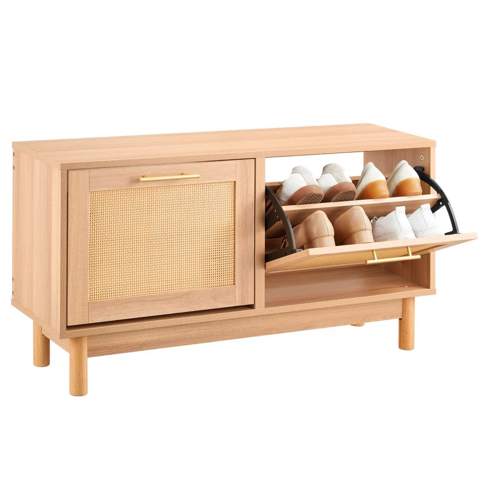 VEVOR Entryway Shoe Bench, 39.4 x 11.8 x 20.9 Inch Rattan-Like Shoes Bench with 2 Flip Drawers, 300lbs Shoe Storage Rack with 4 Compartments and 2 Rattan Doors, for Hallway, Living Room, Bedroom