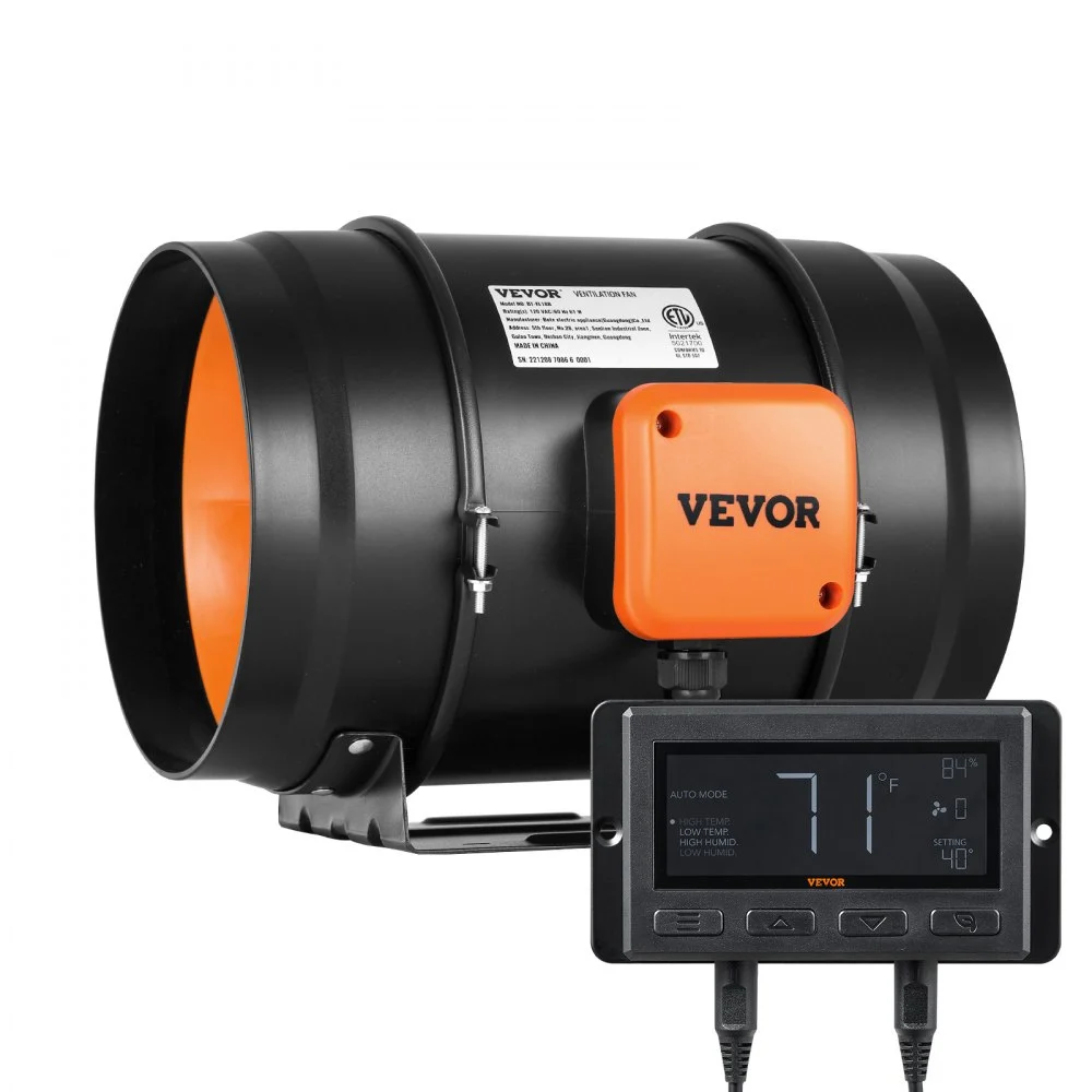 VEVOR Inline Duct Fan, 8-Inch 807 CFM with Temperature Humidity Controller, Quiet EC-motor Ventilation Exhaust Fan for Cooling Booster, Grow Tents, Hydroponics