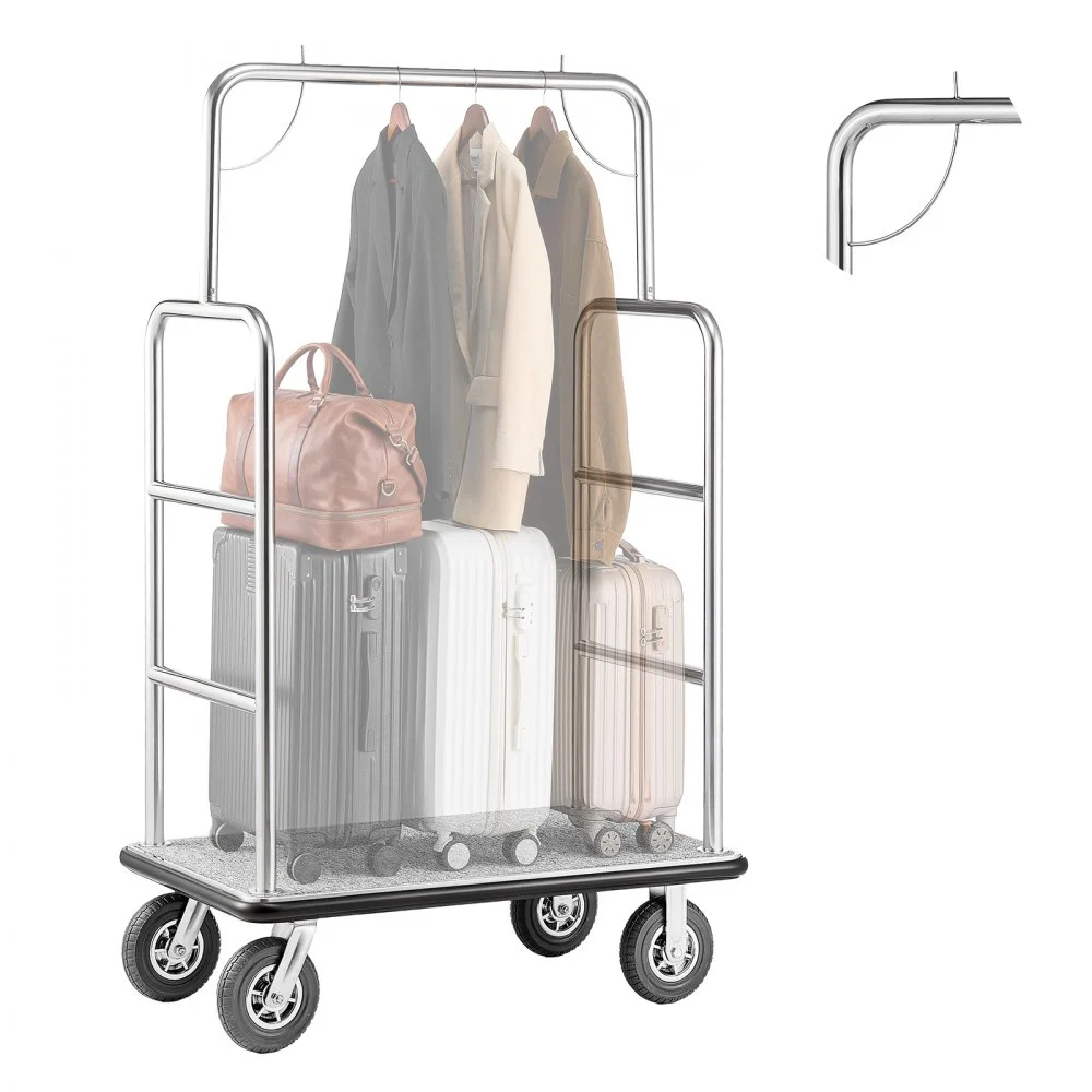 Summer Sale
VEVOR Hotel Luggage Cart, 1200 LBS Load Capacity, Brushed Stainless Steel Finish Bellman's Cart, Valet Cart with Grey Carpeted Deck and 8-inch Rubber Wheels, Ideal for Hotels, Condos, Resorts, Silver
