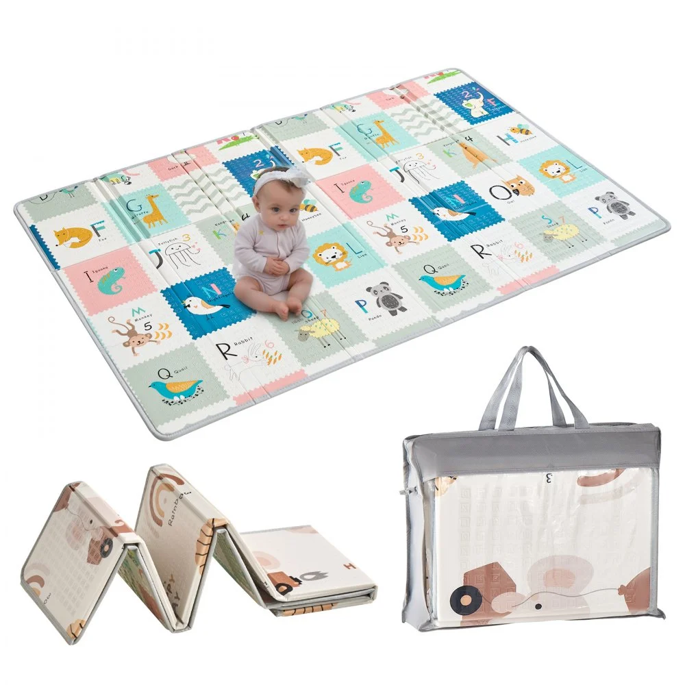 VEVOR Baby Play Mat, 51""x79"" Baby Crawling Mat, Non-Slip One-Piece Foam Baby Playmat, Foldable Portable Reversible Floor Mat with Travel Bag, Waterproof Activity Playmats for Babies, Toddlers, Infants