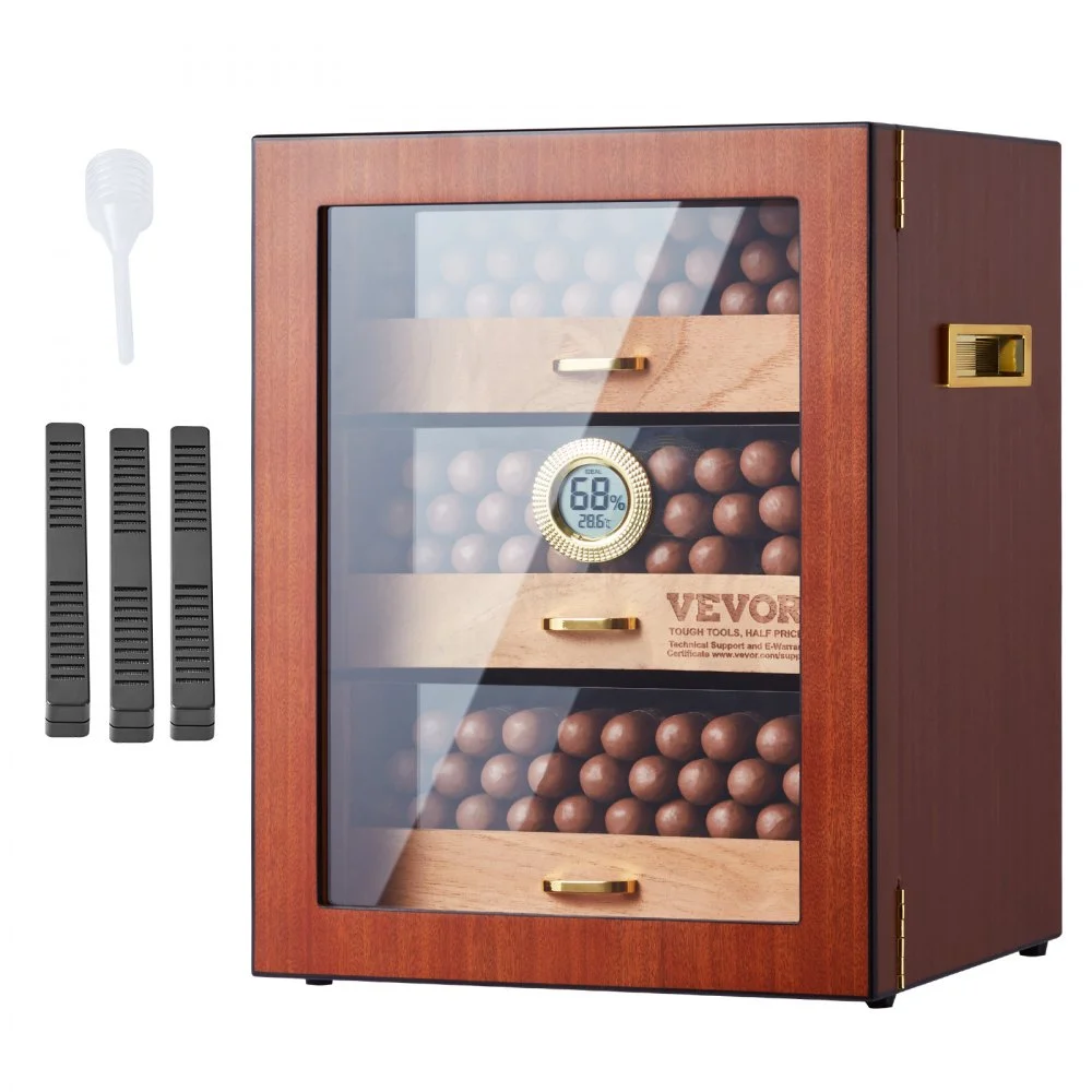 VEVOR Cigar Humidor Cabinet, Handmade Spanish Cedar Wood Cigar Humidor for 100-150 Cigars, Glass Cigar Desktop Storage Case with Digital Humidifier, Hygrometer, Shelves, and Handle, Great Gift for Men