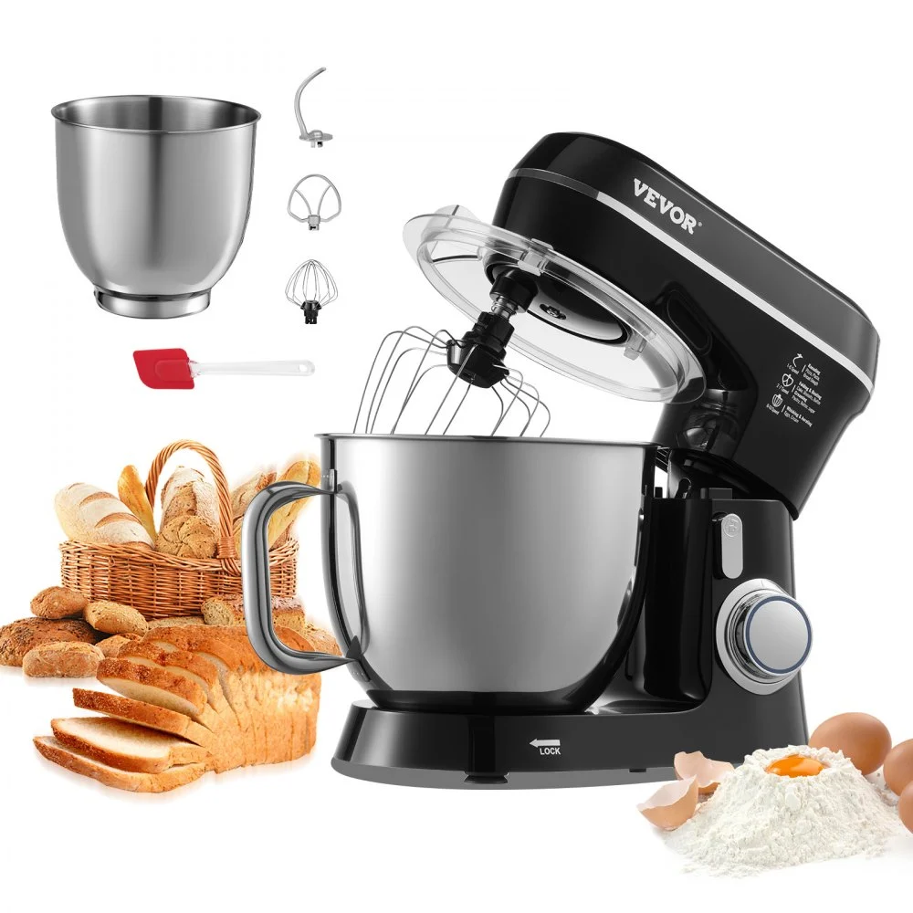 VEVOR Stand Mixer, 5.3QT + 4.4QT Two Stainless Steel Bowls, 10+P Speeds Tilt-head Food Mixer, Kitchen Mixer with Dough Hook, Wire Whip, Beater, Scraper, Household Stand Mixer for Baking Mixing, Black