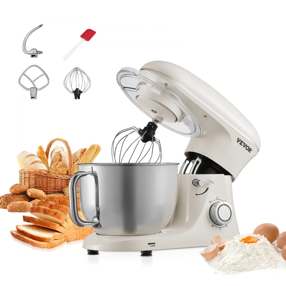 VEVOR Stand Mixer, 6 QT Dough Mixer, 660W 6 + P Speeds Tilt-head Food Mixer with Stainless Steel Bowl, Dough Hook, Wire Whip, Flat Beater, Scraper, Household Stand Mixer for Baking & Mixing, White