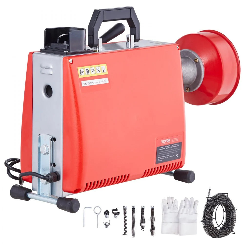 VEVOR 66FT x 5/8 Inch Drain Cleaner Machine, 250W Electric Sewer Snake Auger Manual Feed - with 7 Cutters, 2 Steel Cables (66' x 5/8" and 15' x 3/8")& CW/CCW Control for 1.6" to 4" Pipes