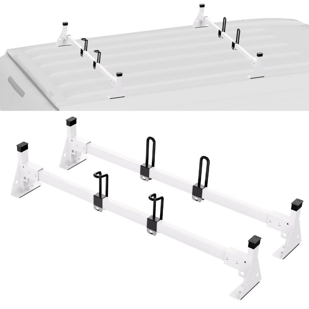 VEVOR Trailer Ladder Rack, 54" 2 Crossbars Ladder Roof Rack, Heavy-duty Steel Van Roof Ladder Rack, 600 lbs Capacity Van Ladder Rack with Straps, Fit for Ford Transit 150, 250, 350, 2015-2022