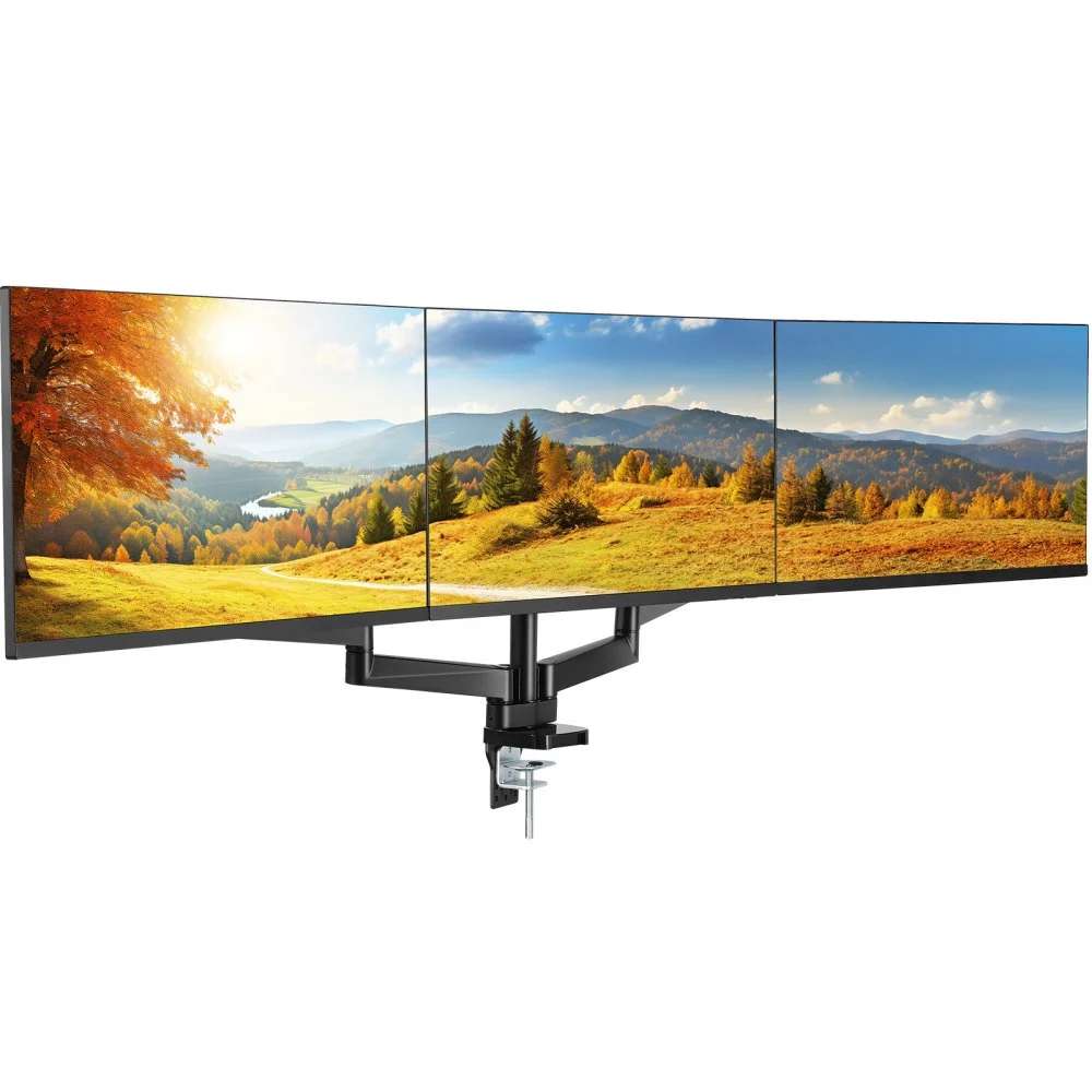 VEVOR Triple Monitor Mount, Supports 13"-27" Screens, Fully Adjustable Gas Spring Monitor Arm, Holds up to 20 lbs per Arm, Triple Monitor Stand with C-Clamp/Grommet Mounting Base, VESA Mount 75/100 mm