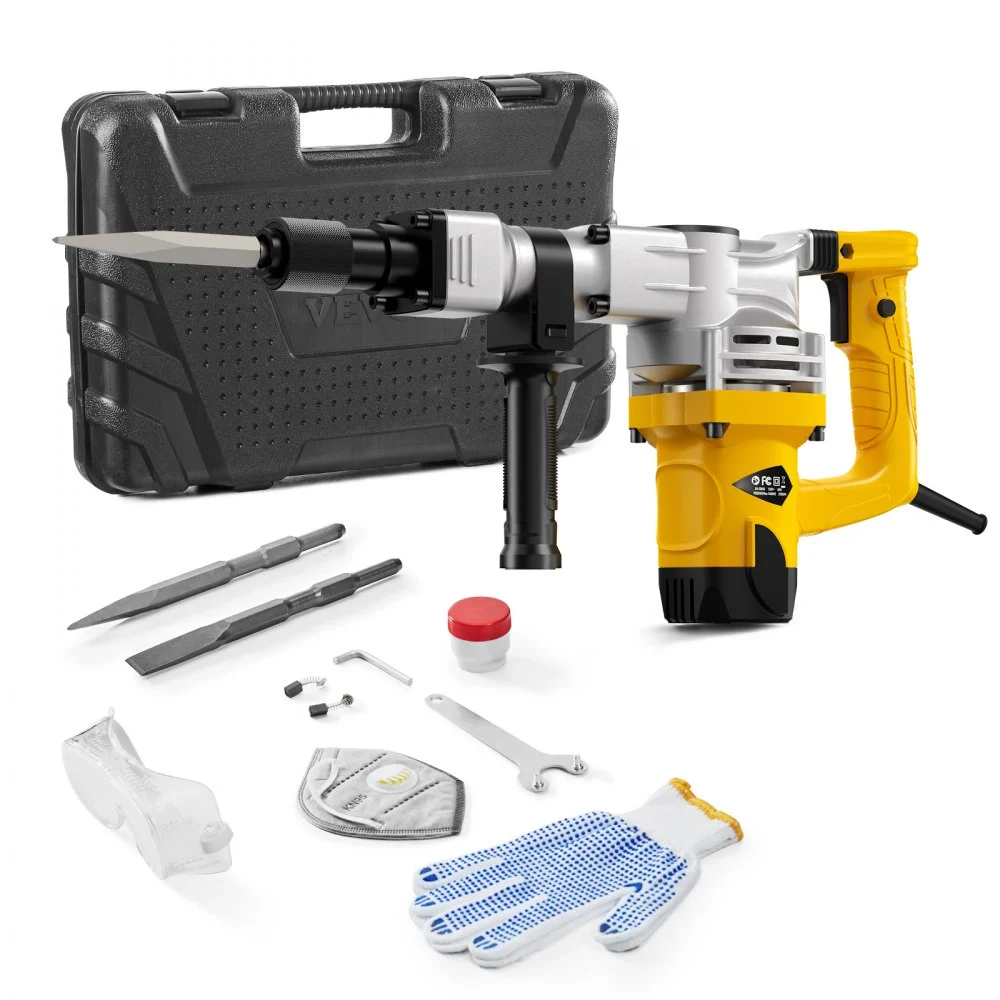 VEVOR Demolition Jack Hammer, 1400W Electric Jackhammer Heavy Duty, 2900 BPM Jack Hammer Concrete Breaker, with 1 Point Chisel, 1 Flat Chisel, Storage Case, Gloves and Goggles, for Demolition